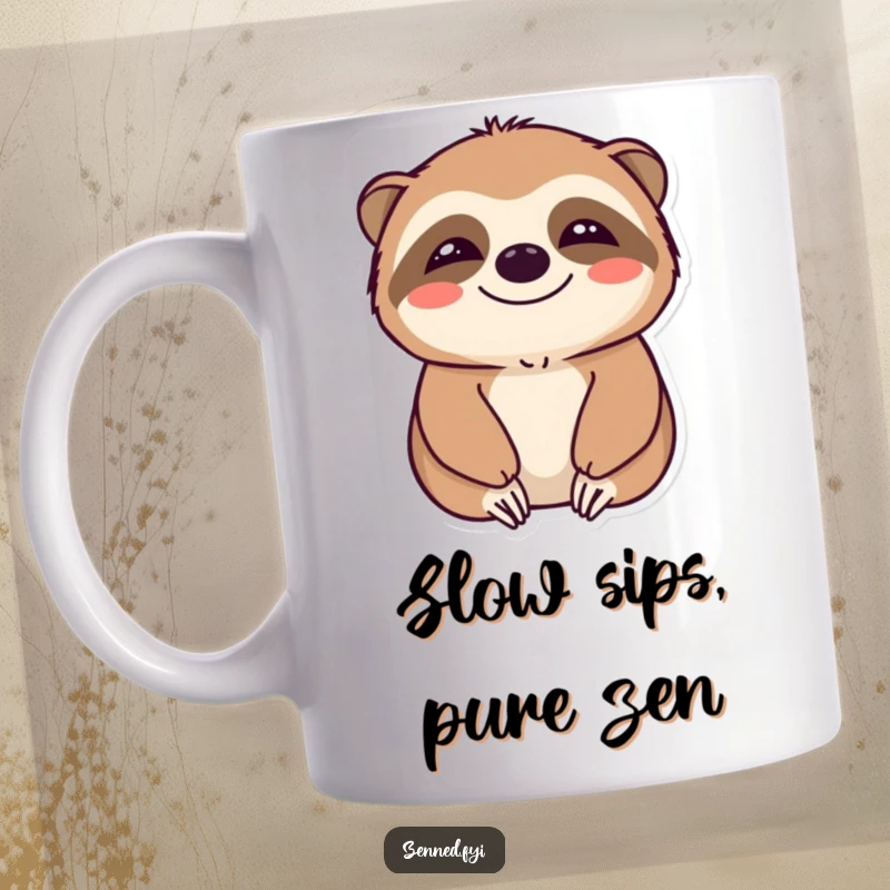 Funny mug featuring a smiling sloth character in a state of utter calm, embodying relaxation and peaceful humor.