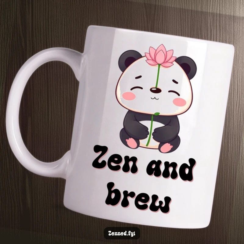 Funny panda balancing a tiny lotus flower on its nose on a mug, showcasing serenity and humor, ideal for a funny gift.