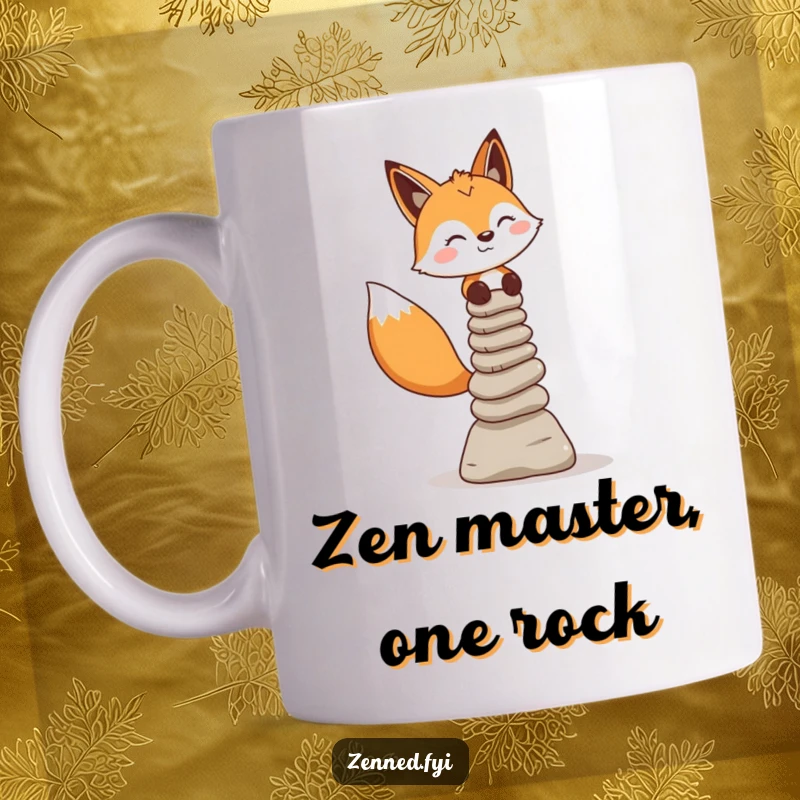 Funny Fox Mug: A cheerful fox expertly stacks tiny stone cairns, embodying peaceful focus and humor.