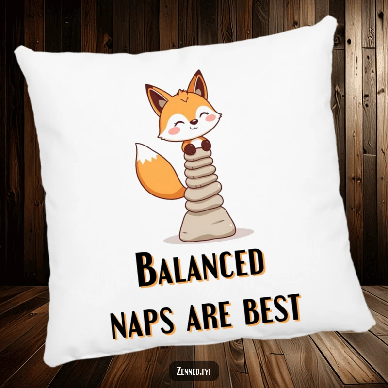 Funny Fox Pillow: A cheerful fox balances stone cairns, offering humorous comfort and zen vibes.