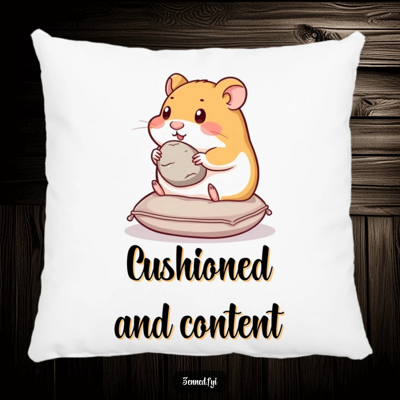 Funny hamster pillow featuring a content hamster on a cushion, holding a smooth stone, perfect for cozy, peaceful moments.