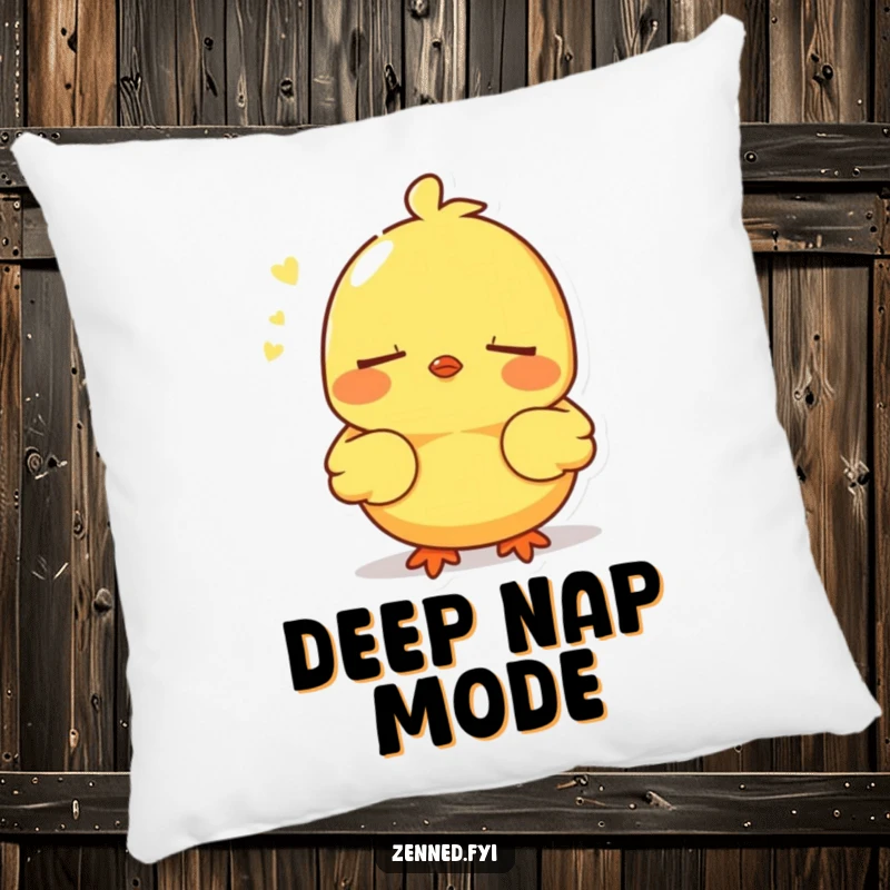 Funny pillow with a serene yellow chick breathing deeply with closed eyes, soft and humorous comfort, perfect funny gift.