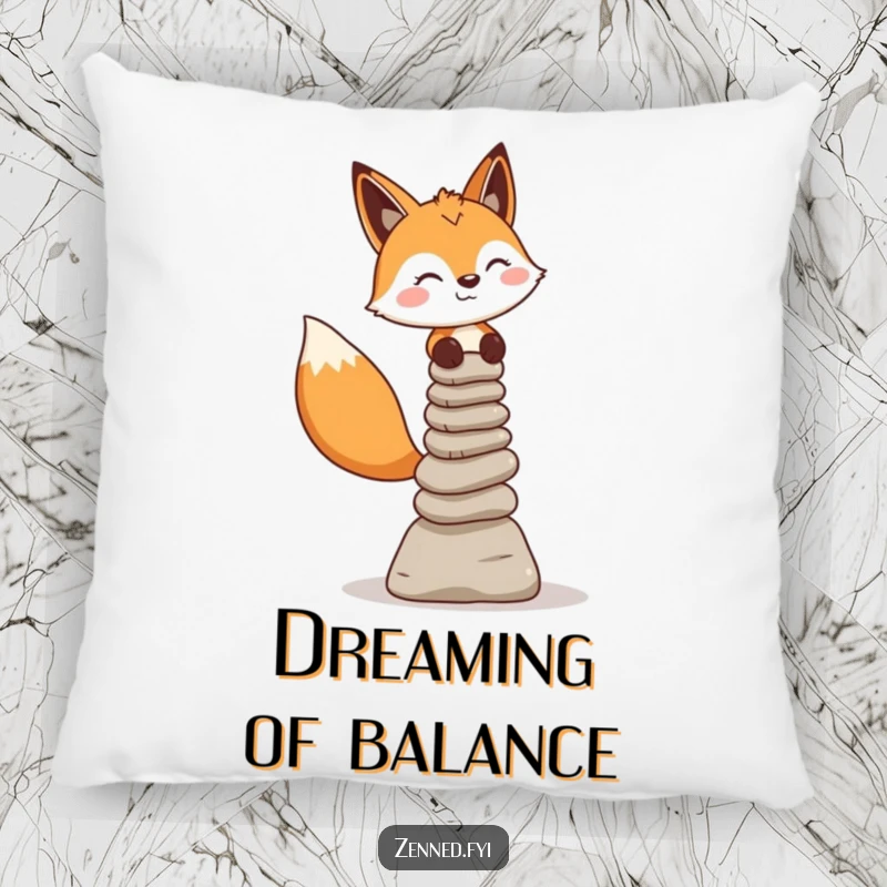 Funny fox character balancing stone cairns, depicted on a soft, decorative pillow for humorous comfort and zen.