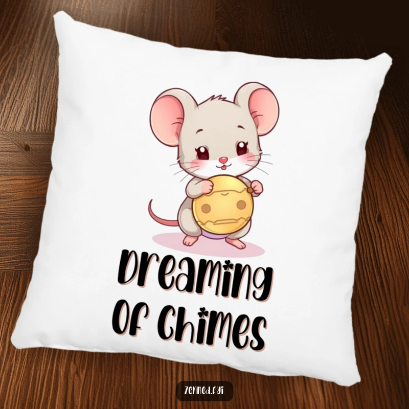 Funny pillow showcasing a playful mouse character tapping a gong, perfect for adding humorous comfort to any room.