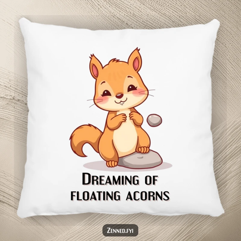 Funny pillow with a playful squirrel gently levitating a tiny pebble, bringing cozy enchantment and humorous magic to any seating area.