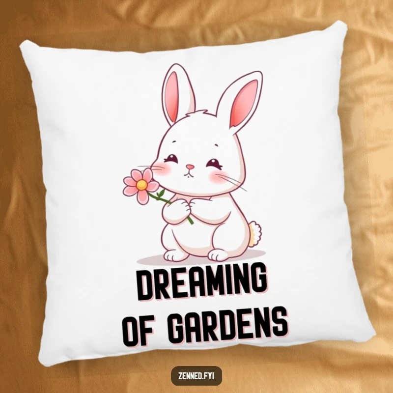 Funny rabbit flower pillow with a serene rabbit holding a tiny blooming flower, perfect for cozy relaxation.