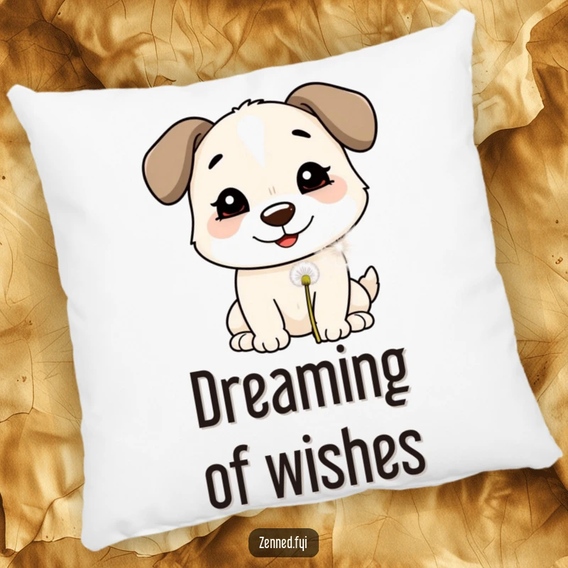 Funny Pillow: A smiling dog blowing on a dandelion puff, adding comfort and a dose of serene, hopeful humor.