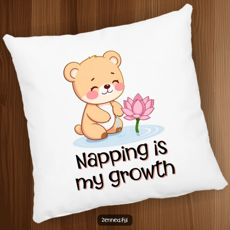 Funny Bear Cub Pillow: Plush cushion featuring a giggling cub gently watering a lotus flower, perfect for cozying up.