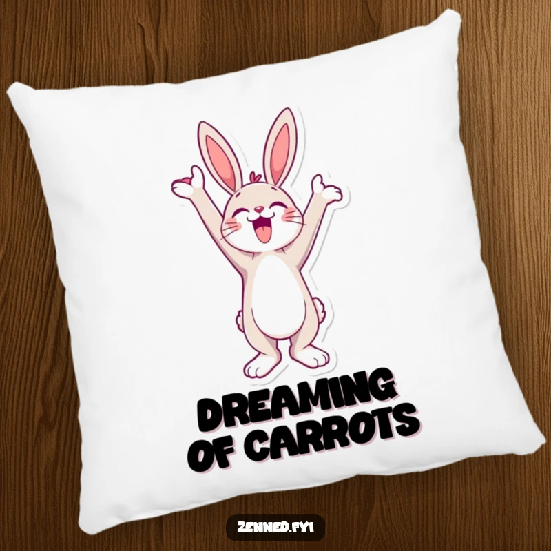 Funny Pillow featuring a jubilant bunny character stretching towards the sky, radiating hilarious cozy joy.
