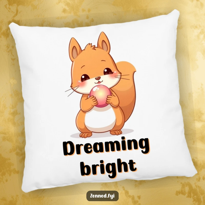 Funny pillow with a content squirrel holding a glowing orb, perfect for adding gentle humor and a touch of magic.