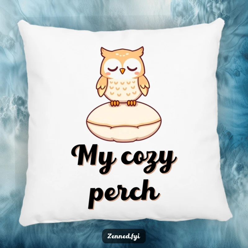 Funny owl character peacefully floating above a cushion, depicted on a soft, decorative pillow for magical comfort.