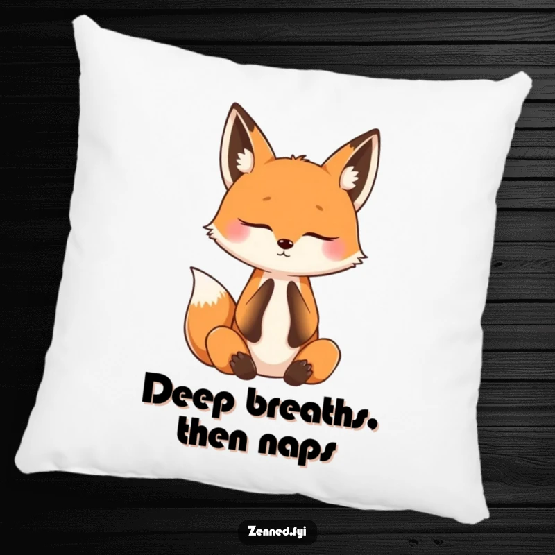 Funny pillow with a curious fox practicing mindful breathing with eyes shut, offering cozy comfort and a humorous reminder to find inner peace.