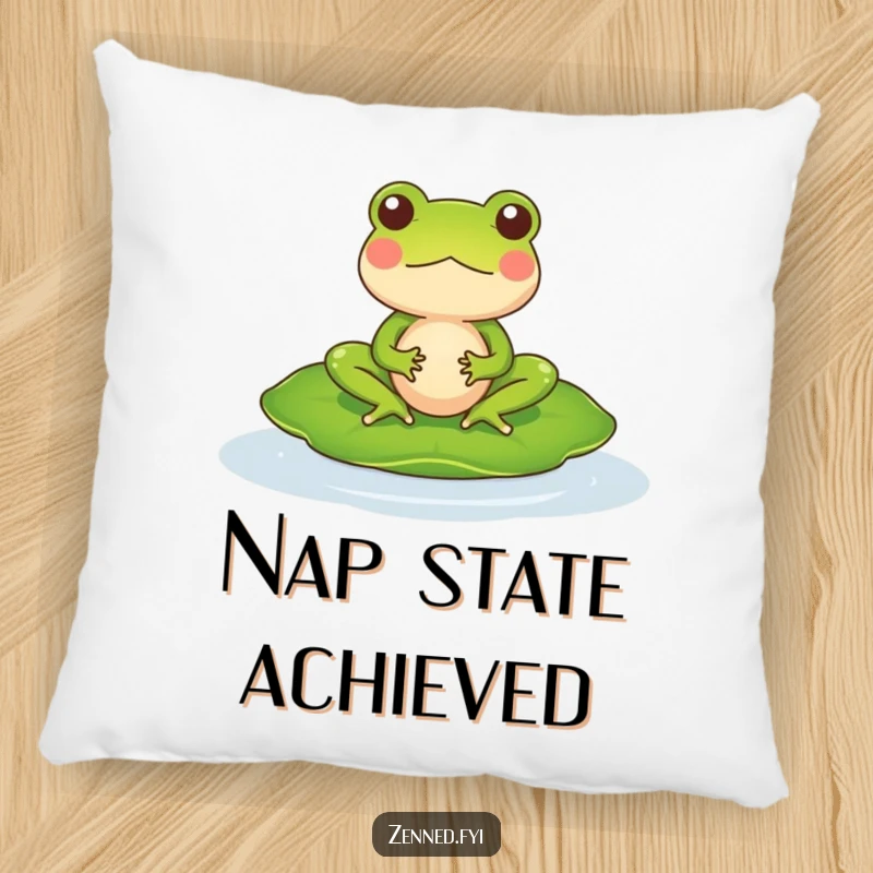 Funny Pillow showing a peacefully meditating frog character on a lily pad, a cozy and hilarious zen accessory.