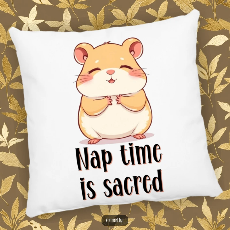 Funny contented hamster meditation pillow showing a zen hamster, providing comfort and a humorous touch of inner peace.
