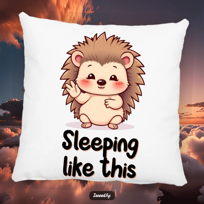 Funny hedgehog pillow featuring a serene animal in a graceful hand gesture, offering comfort and a touch of gentle humor.