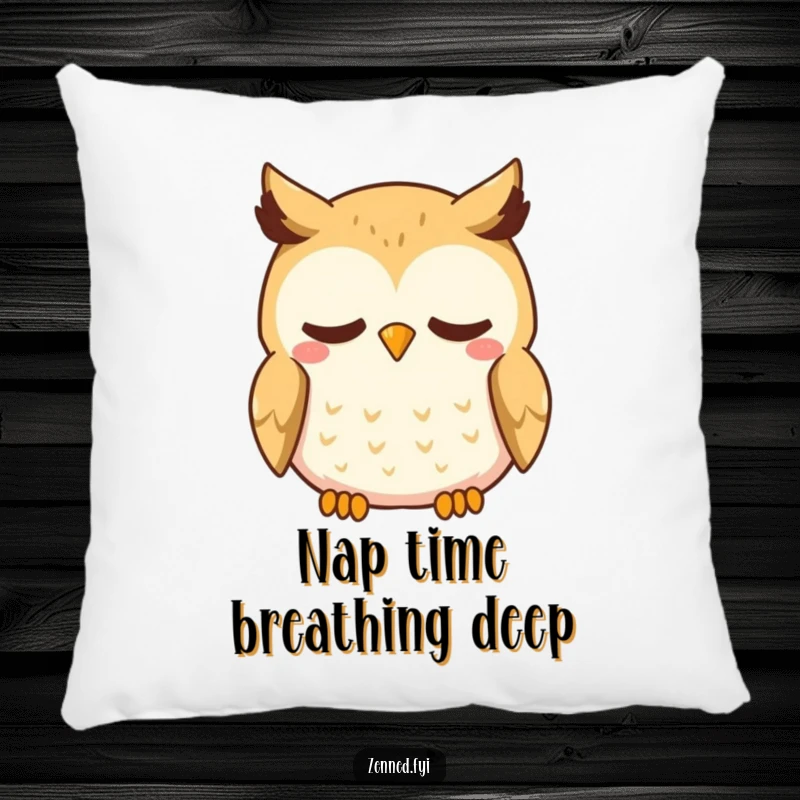 Funny Kawaii Owl Pillow: A soft pillow featuring a curious owl with a gentle smile, deep in a calming breath, perfect for comfort.