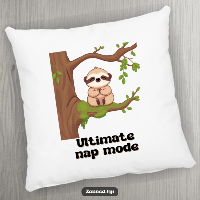 Funny pillow featuring a kawaii sloth meditating peacefully on a mossy branch, perfect for adding comfort and cute charm.