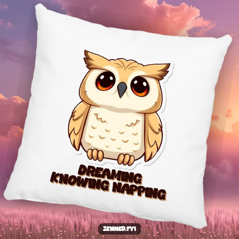 Funny and plush pillow featuring a calm owl gazing upwards with deep understanding, perfect for humorous comfort and contemplation.