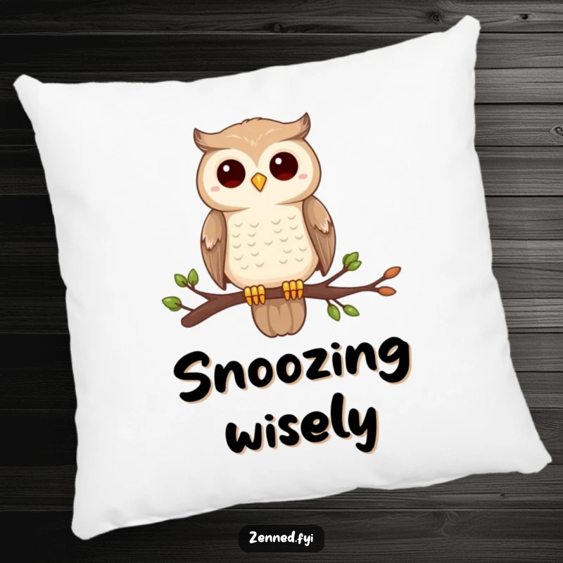 Funny owl zen pillow, perched on a branch, completely still and centered, soft and humorous for relaxation.