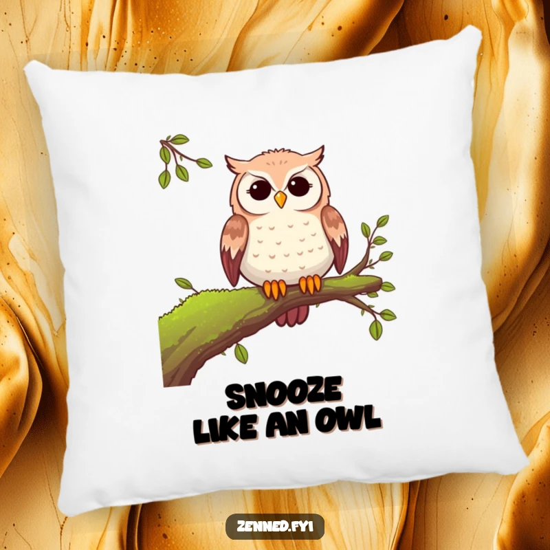 Funny peaceful owl pillow featuring a serene owl on a mossy branch, providing comfort and a touch of humorous tranquility.