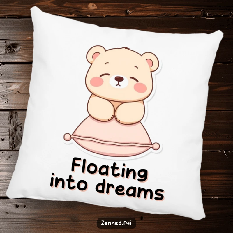Funny pillow featuring a serene bear floating gracefully above a small cushion, adding comfort and humor to any room.