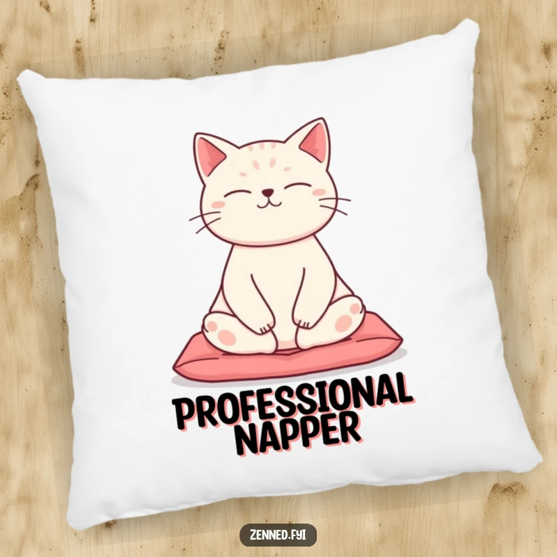 Funny Zen Cat Pillow showing a serene cat meditating in a lotus pose, providing comfort and a touch of humor.