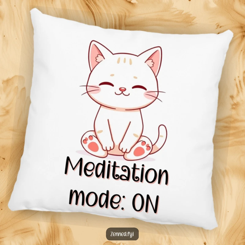 Funny cat meditation pillow showing a happy cat in a peaceful meditative pose, offering comfort and humor.