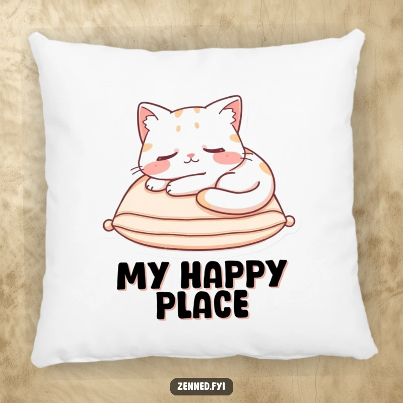 Funny Pillow featuring a content cat character asleep on a cushion, radiating hilarious cozy softness and comfort.