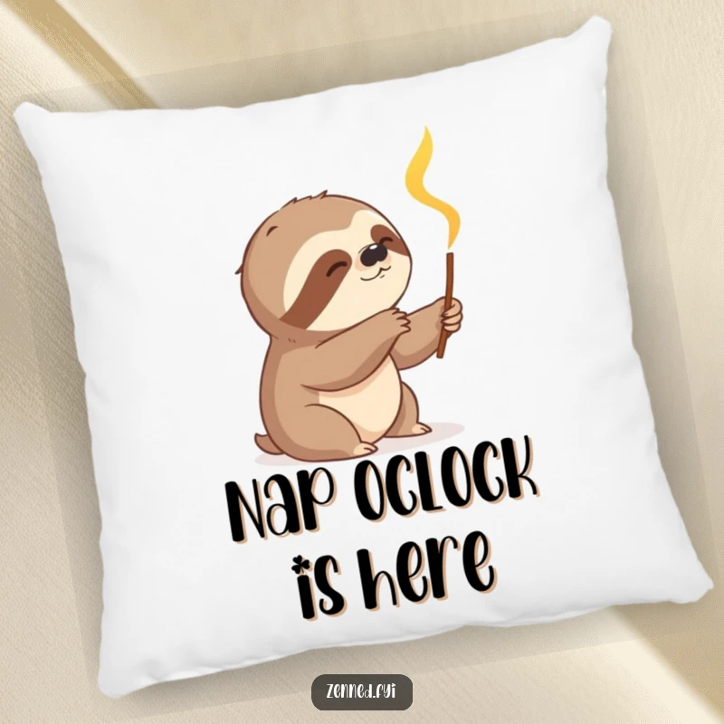 Funny sloth slowly reaching for a glowing incense stick on a soft pillow, offering comfort and a humorous, chill vibe for a funny gift.