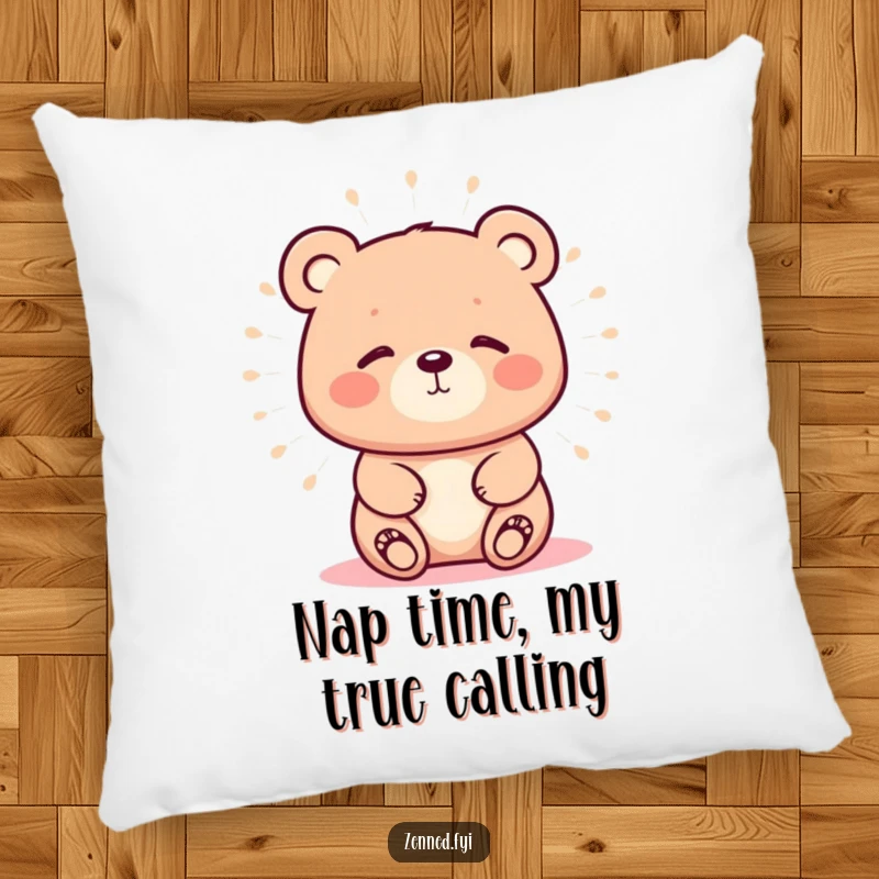 Funny pillow featuring a serene kawaii bear with a soft aura, offering comfort and a humorous touch of peace.