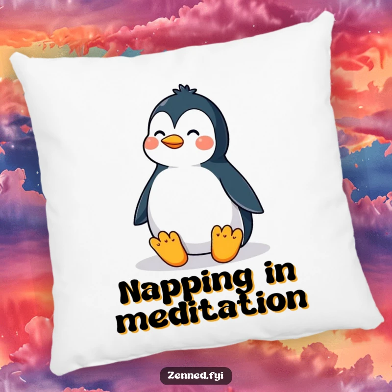 Funny pillow with a proud penguin in a perfectly balanced meditative posture, offering cozy comfort and a humorous reminder to find inner peace.