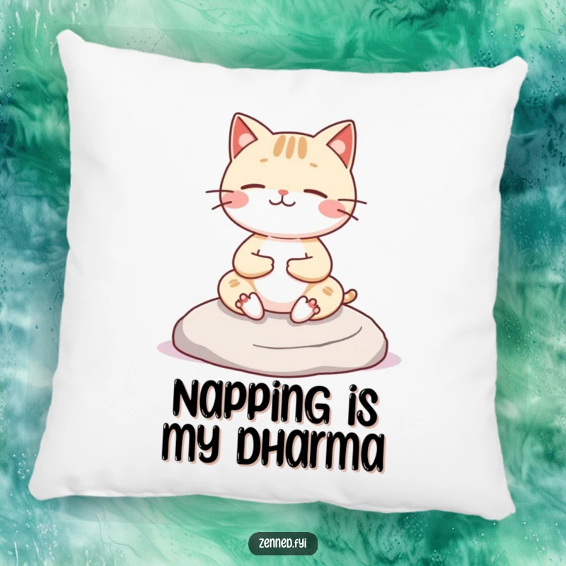 Funny Kawaii cat pillow featuring a cheerful character meditating on a rock, offering cozy zen comfort and humor, a lovely gift.