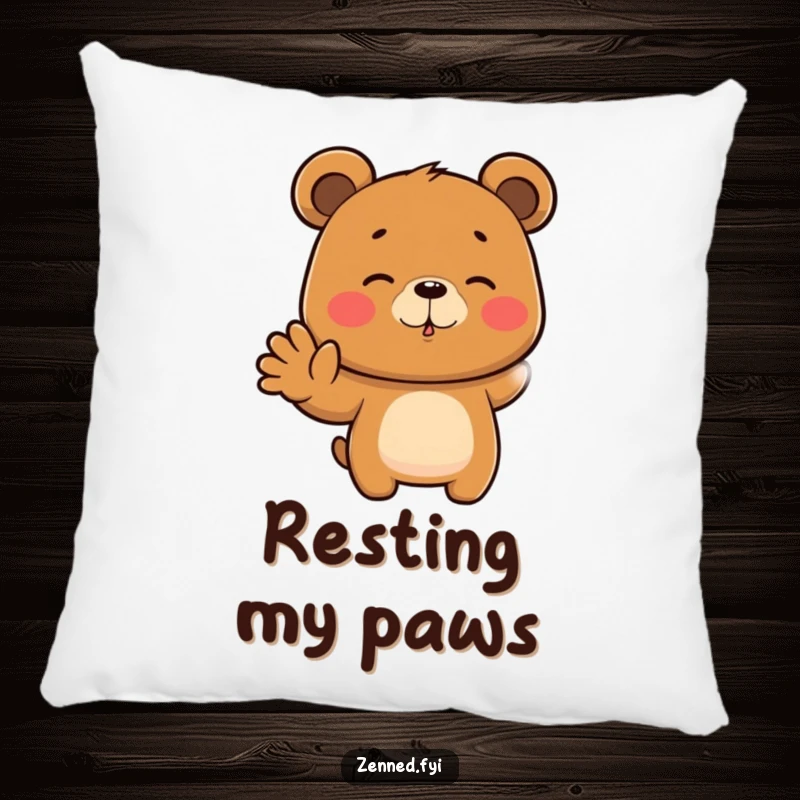 Funny pillow with a focused brown bear meditating with a hand gesture, soft and humorous comfort, perfect funny gift.