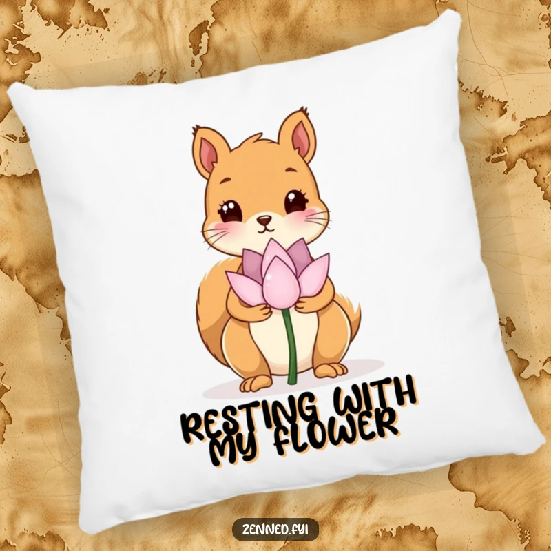Funny pillow featuring a kawaii squirrel holding a peaceful lotus flower, offering comfort and a humorous touch of serenity.