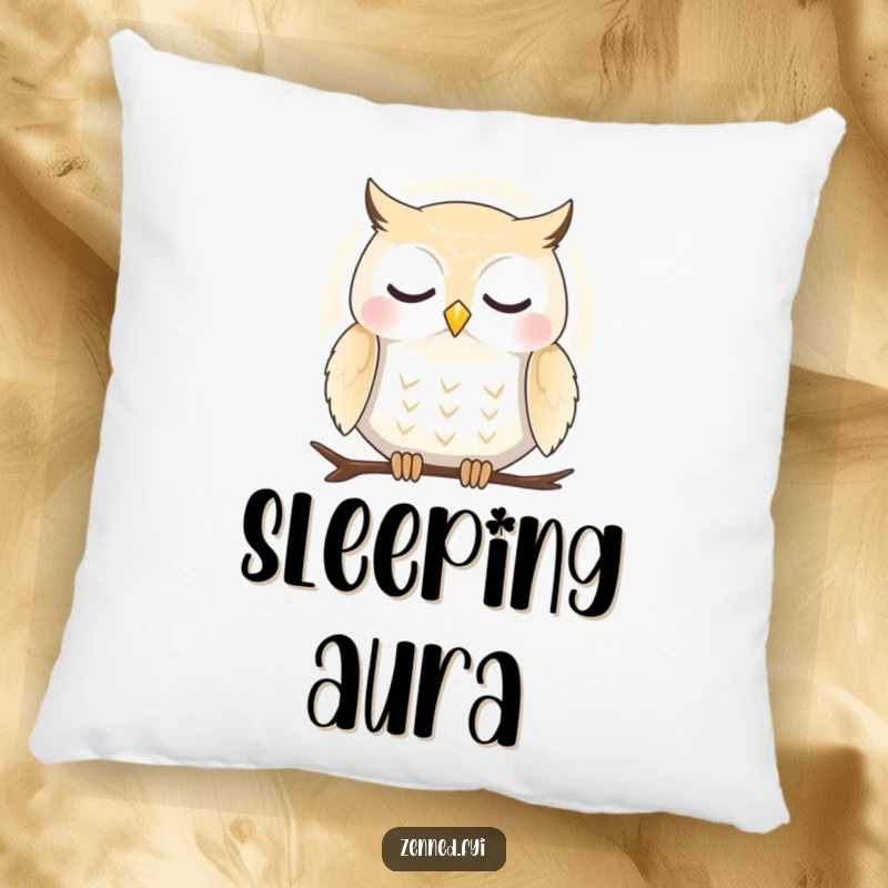 Funny pillow with a peaceful owl in a gentle aura, perfect for adding gentle humor and a tranquil vibe.