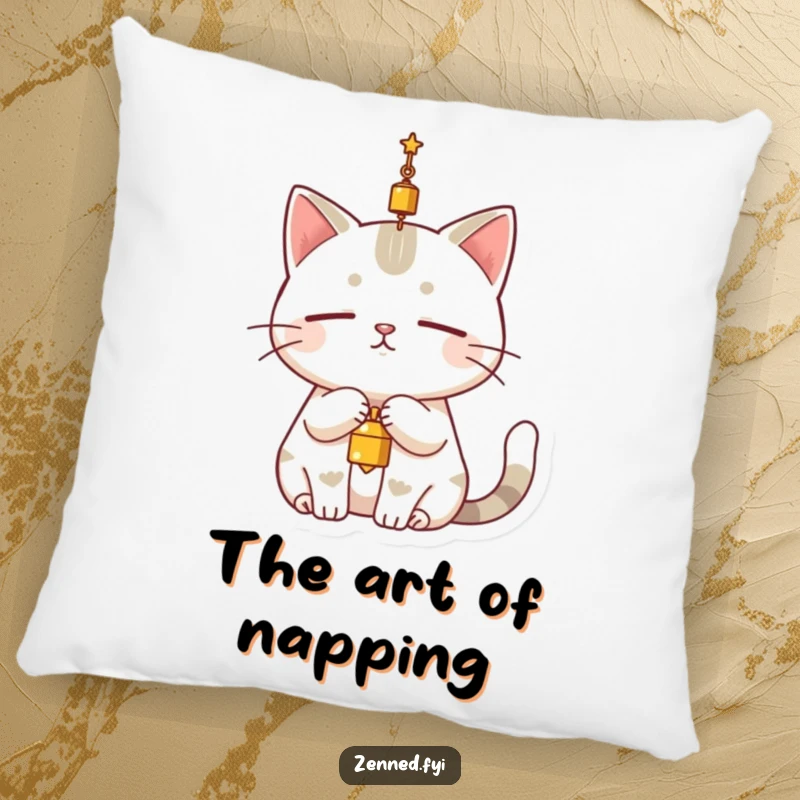 Funny cat pillow featuring a serene character completely still, dangling a small bell above its head, offering serene and humorous comfort.