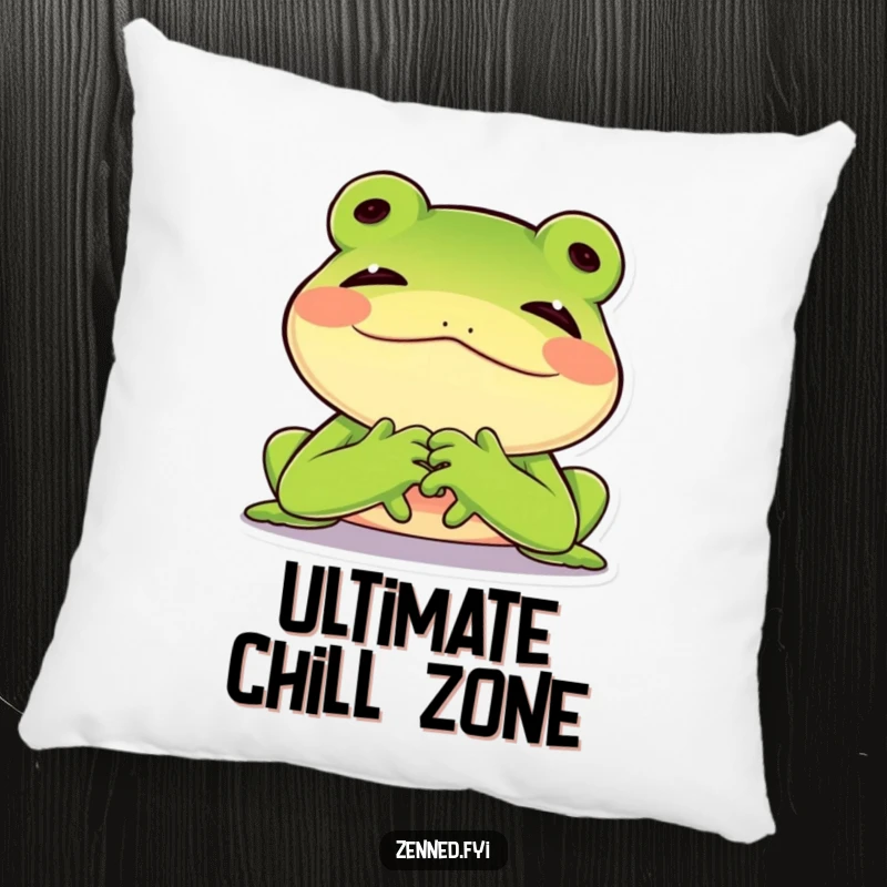 Funny pillow with a joyful green frog sighing contentedly with chin on hands, soft and humorous comfort, perfect funny gift.