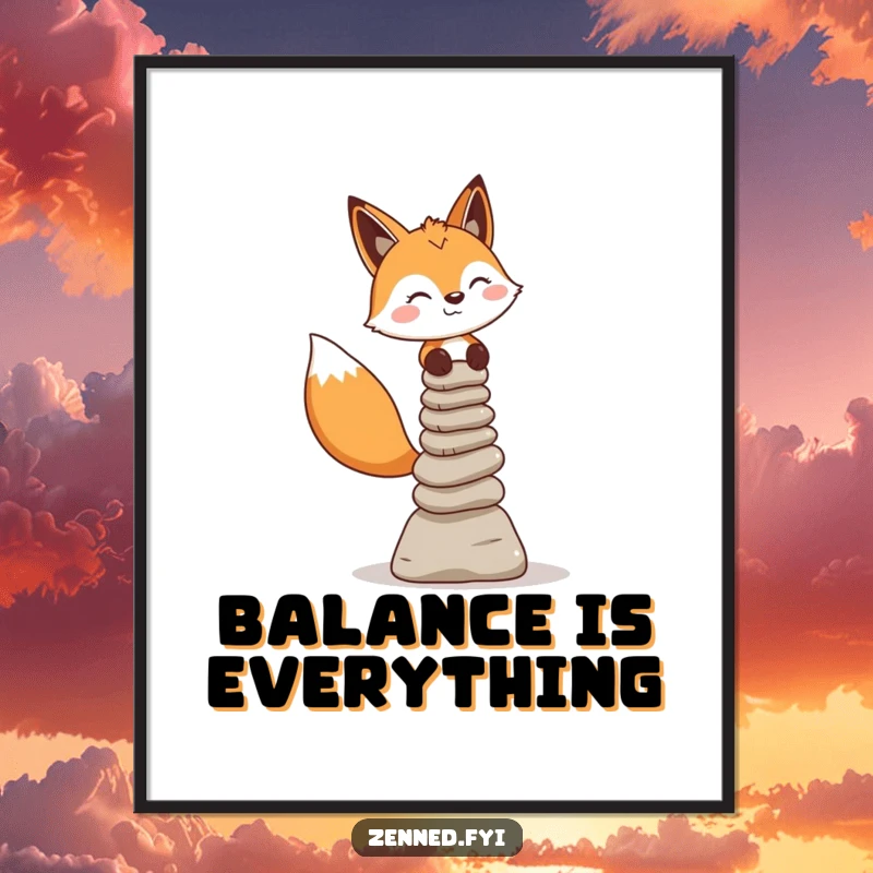 Funny Fox Digital Art: Cheerful fox balances stone cairns, a humorous and peaceful printable artwork.