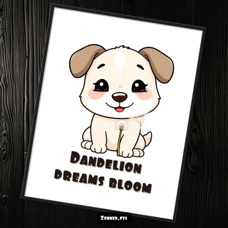Funny Digital Art Print: A smiling dog gently blowing on a dandelion puff, bringing hopeful charm and whimsical humor to any space.