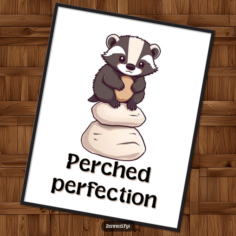Funny badger balancing on pebbles, a symbol of determination, as a digital art print, funny gift.