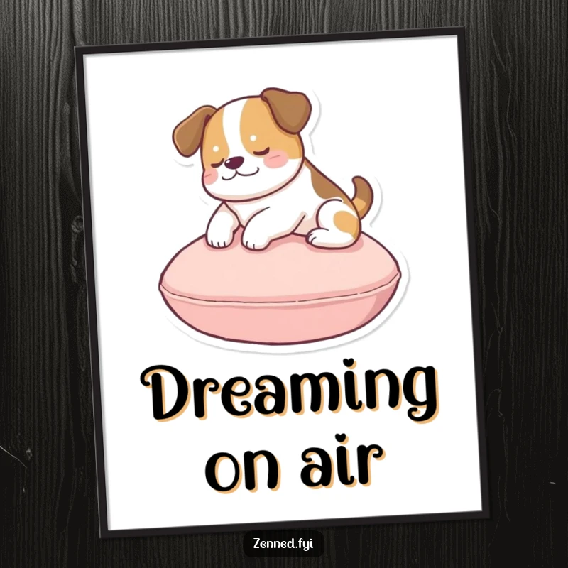 Funny dog cushion digital art print of a happy dog gently floating above a circular cushion, radiating pure bliss.