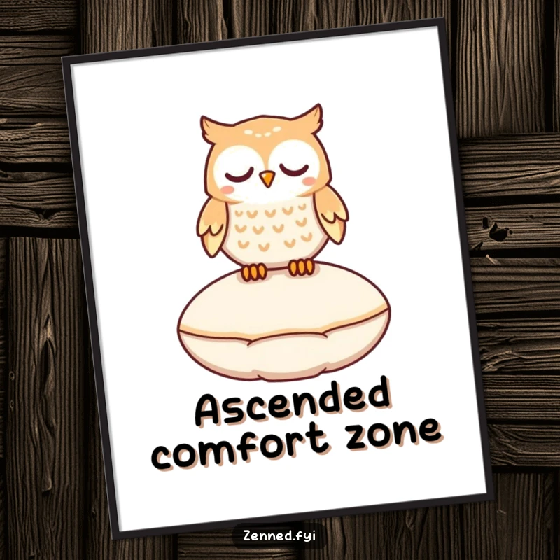 Funny owl character peacefully floating above a cushion, available as a downloadable digital art print for whimsical decor.