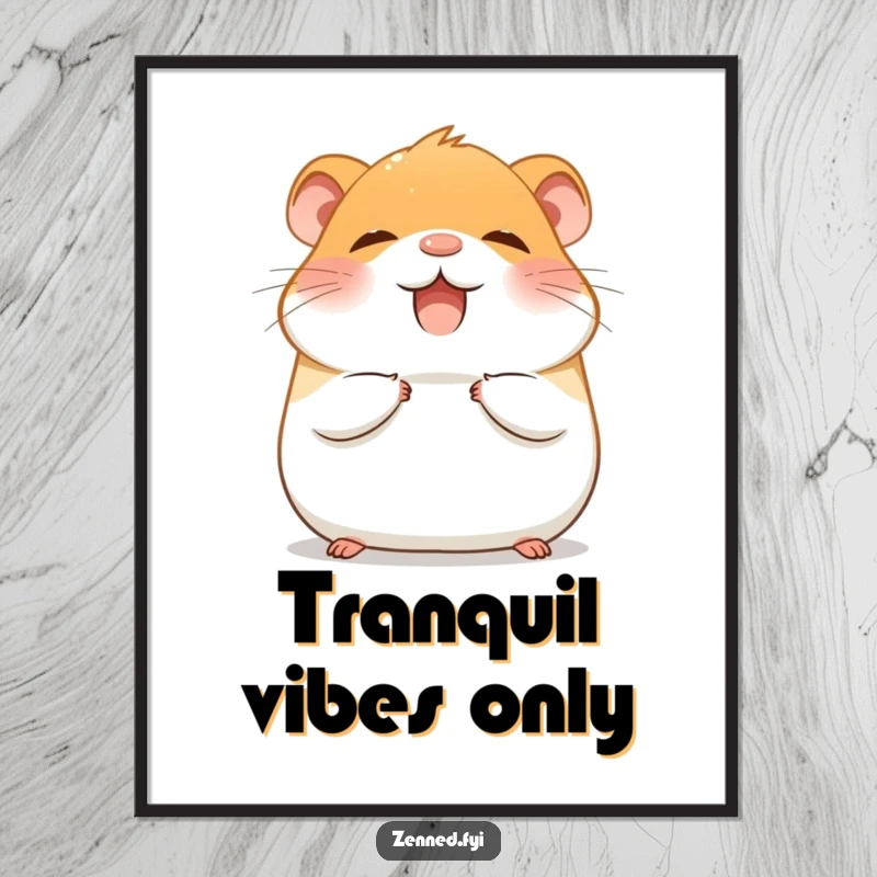 Funny Digital Art Print of a giggling hamster meditating with a tranquil, peaceful, and calm expression.