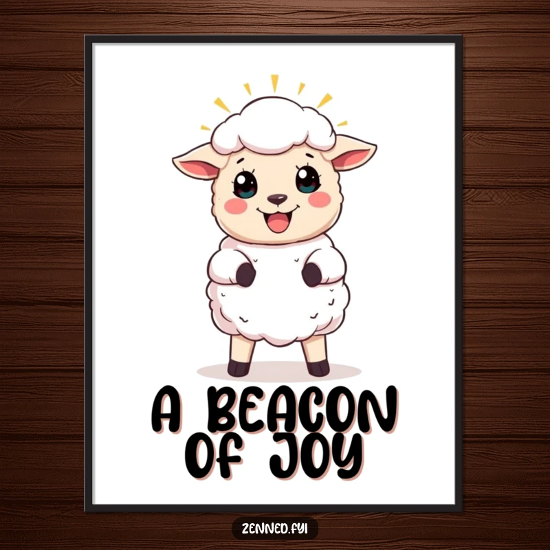 Funny digital art print of a joyful sheep with a radiant halo, symbolizing peace, happiness, and divine humor.