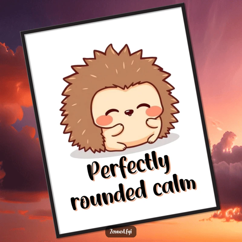 Funny digital art print of a kawaii hedgehog rolled into a peaceful, rounded shape, offering instant cozy humor and decor.