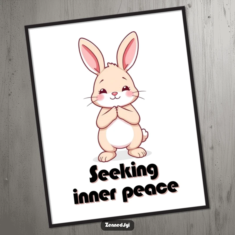 Funny rabbit digital art print showing a calm creature with hands pressed together, offering peaceful and humorous decor.