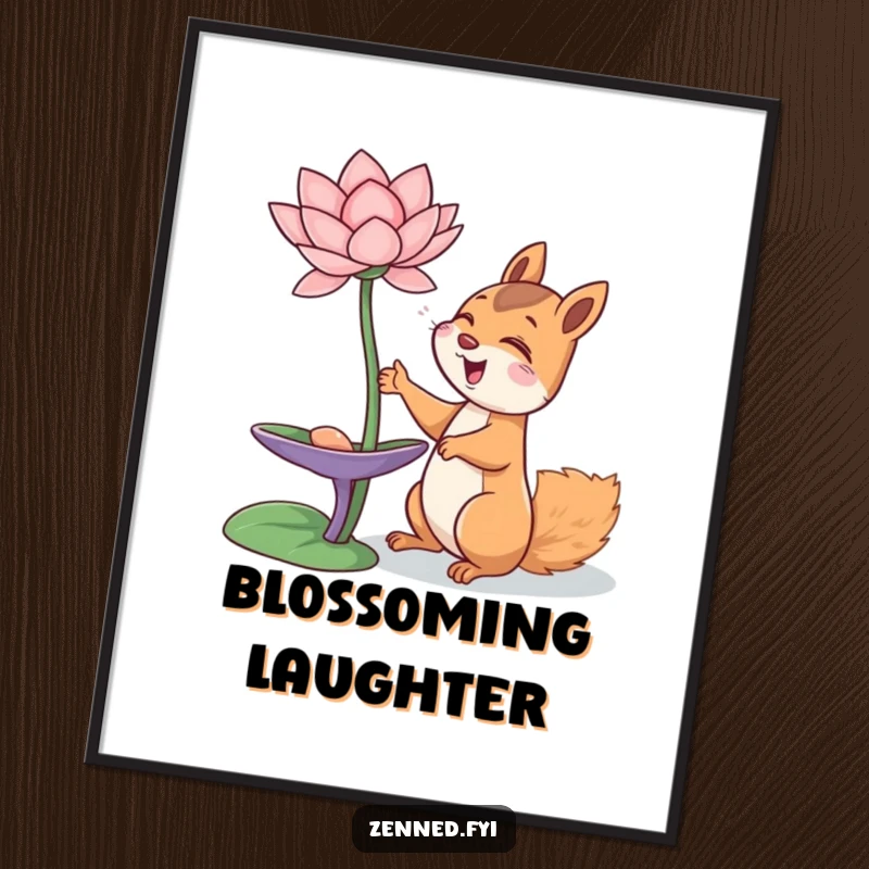 Funny giggling squirrel reaching for a floating lotus flower, as a digital art print, full of joy, funny gift.