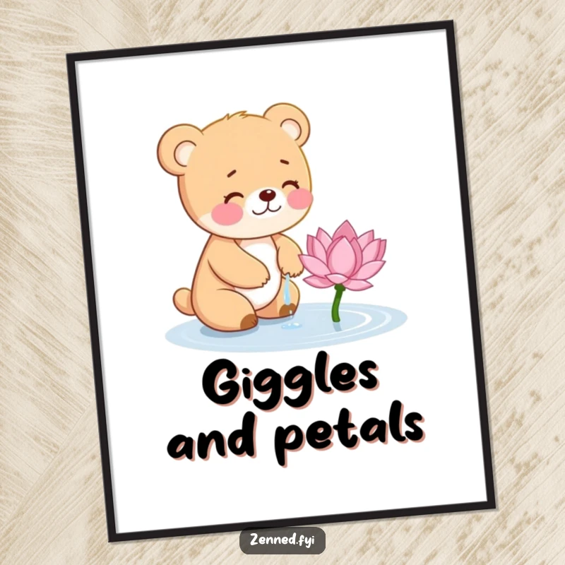 Funny Bear Cub Digital Art: Charming illustration of a giggling cub watering a lotus, ideal for cute and whimsical wall decor.