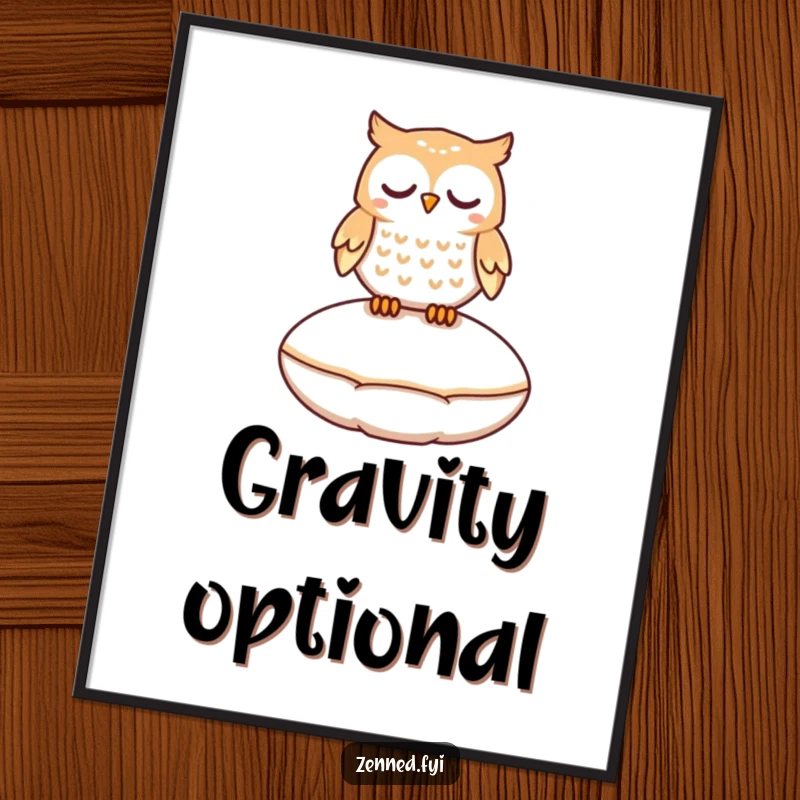 Funny digital art print of a peaceful owl character gently floating a few inches above a smooth, round cushion.