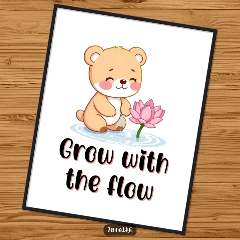 Funny Bear Cub Digital Art: Giggling cub waters a lotus flower, a humorous and charming printable artwork.